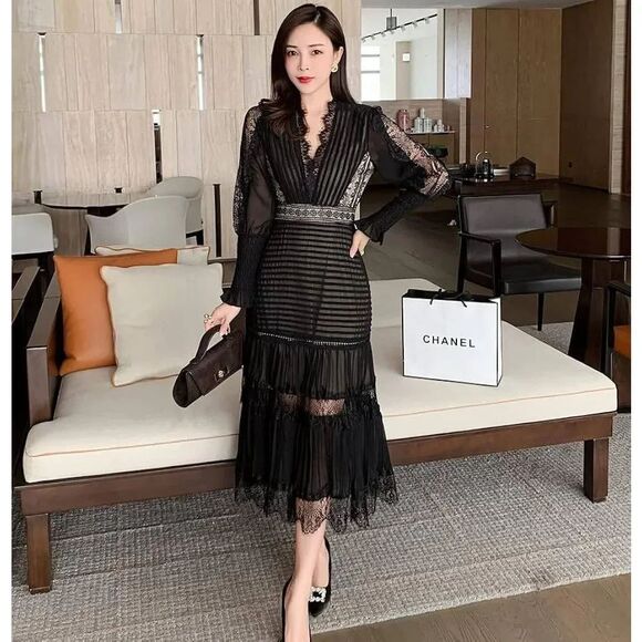 Cate Cat Dresses & Skirts - Cate Cat Midi Whimsygoth Illusion Chiffon Lace Poet Bishop Sleeve Dress Sz. M